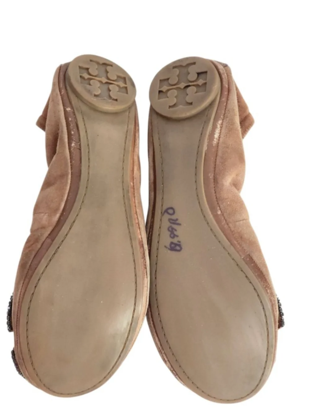 TORY BURCH Eddie‎ Brown Suede Ballet Flats Embellished Bows Rhinestones Size 7